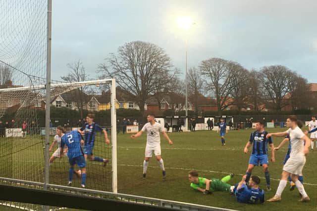 Goalmouth action between Eastbourne United and Saltdean | Picture: Steve Huxley