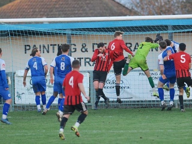 Action from Shoreham's win over AFC Varndeanians in the SCFL premier division