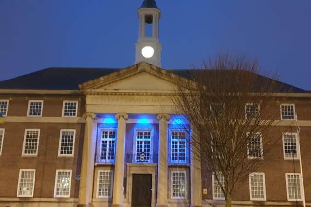 Worthing Town Hall taking part in Light Up Blue. Picture: Carol Tyson