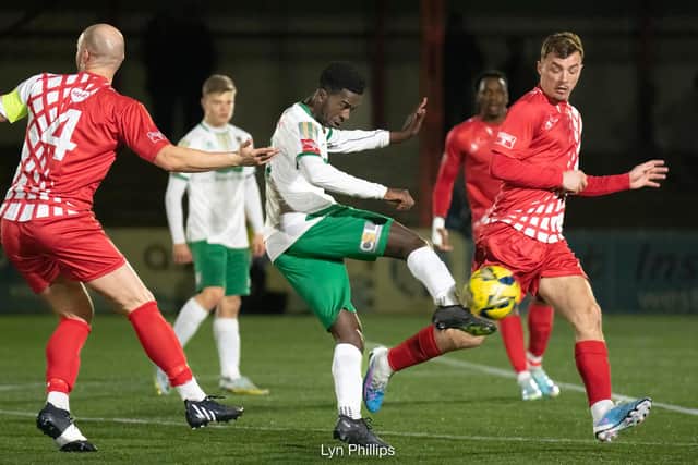 The Rocks in the ascendancy at Carshalton - but their visit ended in a 2-1 Isthmian premier defeat | Picture: Lyn Phillips - see more photos from Lyn in the slideshow in the video player above