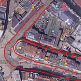 The approximate area covered by the loading ban is shown in red. Image via Google Maps.