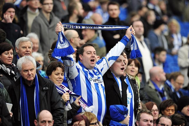 Brighton & Hove Albion's fans singing in the crowd ahead of the English FA Cup third round match between Brighton & Hove Albion and Newcastle United at The American Express Community Stadium on January 5, 2013.