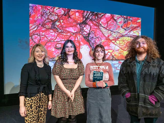 Anna Smith, host at the awards (left) plus Cherry Ellis (second from right) plus other winners. Pic by Frank Noon