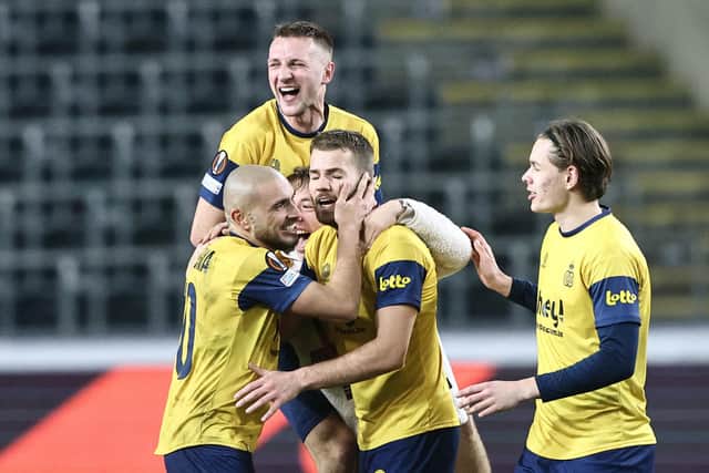 Teddy Teuma of Royale Union Saint-Gilloise and teammates celebrate at full time during the UEFA Europa League round of 16 leg two match between Royale Union Saint-Gilloise and 1. FC Union Berlin at Lotto Park on March 16, 2023 in Anderlecht, Belgium. Picture by by Christof Koepsel/Getty Images