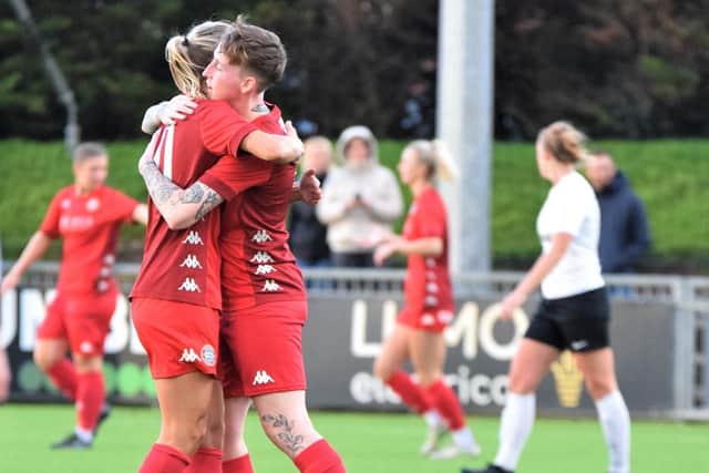 Worthing Women celebrate a goal in their 5-2 cup win over Eastbourne | Picture: Onerebelsview