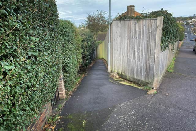 Alleyway between Hoad's Wood Road and Pilot Road in Hastings. Photo: Entrance to the alleyway from Pilot Road.