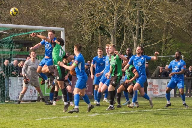 Burgess Hill press against Hythe - but they were beaten 4-1 | Picture: Chris Neal
