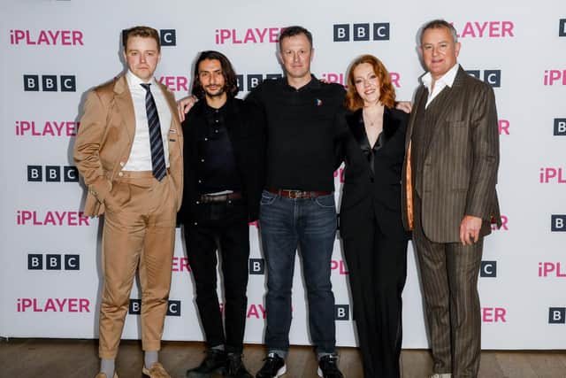 Jack Lowden, Aneil Karia, Neil Forsyth, Charlotte Spencer and Hugh Bonneville attend 'The Gold'  BFI TV preview at BFI Southbank on January 17, 2023 in London, England. Photo by Tristan Fewings/Getty Images