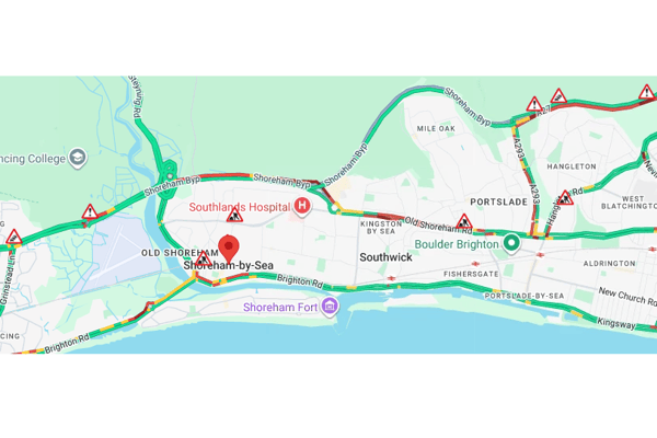 Drivers are facing disruption on the A27, in the Adur district and beyond, following a three-vehicle collision and emergency repairs. Photo: AA Traffic News