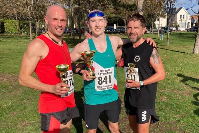 The first three men home in the Worthing Seafront 10k