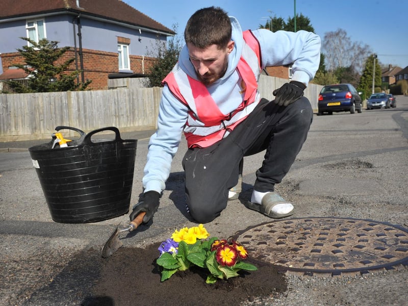 Harry's Pretty Potholes planting up potholes Orchard Road, Horsham.