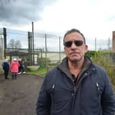 Public gathering by the gates of the Northeye site in Bexhill on Saturday April 1. Simon Hester, Chair of Hastings & District Trades Union Council, and was also representing Stand Up To Racism.