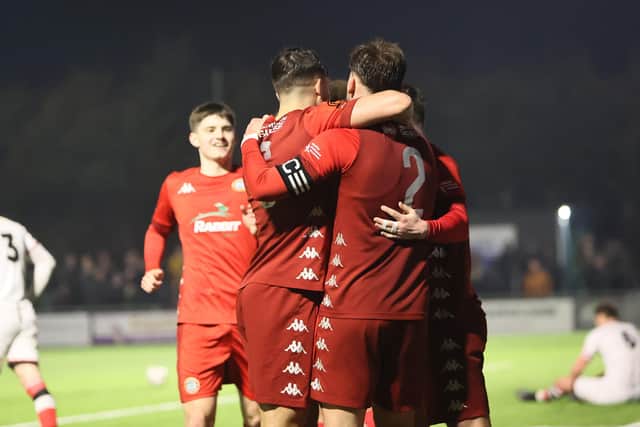 Worthing FC players celebrate during the goal feast v Dulwich | Picture: Mike Gunn