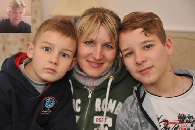 Artem Romaniv, 14, is staying with his mother Olesia, 35, and eight-year-old brother Nikita in Worthing. They were housed by local resident Janet Atkinson, 68 (inset) as part of the Ukraine Family Scheme. Photo: Steve Robards SR2212131
