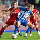 Liverpool's Argentinian midfielder Alexis Mac Allister (L) vies with Brighton's Irish striker Evan Ferguson