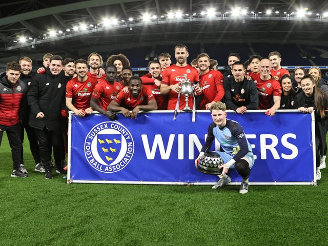 Action and celebrations as Worthing take on Bognor Regis Town in the Sussex Senior Cup final at the Amex Stadium - and win 8-7 on penalties