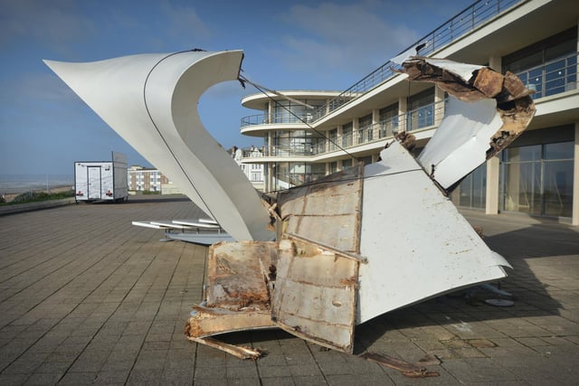 Damage to the bandstand at the De La Warr Pavilion in Bexhill due to Storm Eunice.