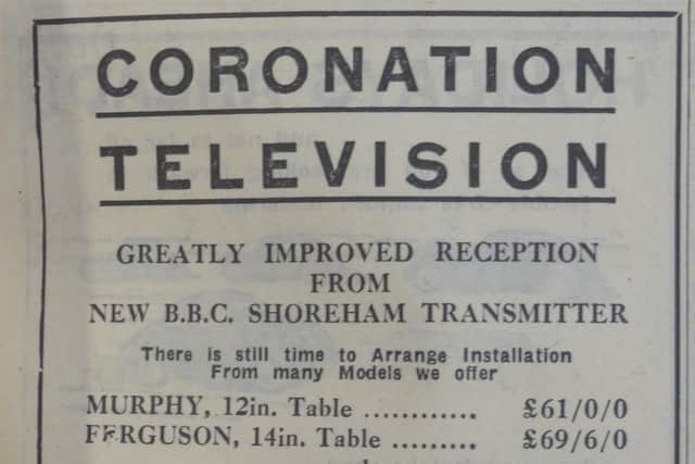 An advertisement in the Chichester Observer of May 16, 1953, by T F Lummus. As the coronation was to be televised, dealers were quick to encourage the take up of television (still a minority activity) so that the event could be watched at home.