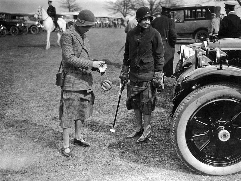 Miss Yoskyl and Miss Nancy Pearson at the Horsham and Crawley Point to Point steeplechase at Dial Post near East Grinstead on 17th April 1925.