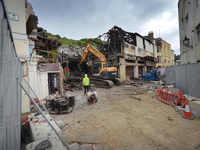 Demolition of former nightclub and amusement arcade in George Street, Hastings. Photo was taken on May 30 2023.
