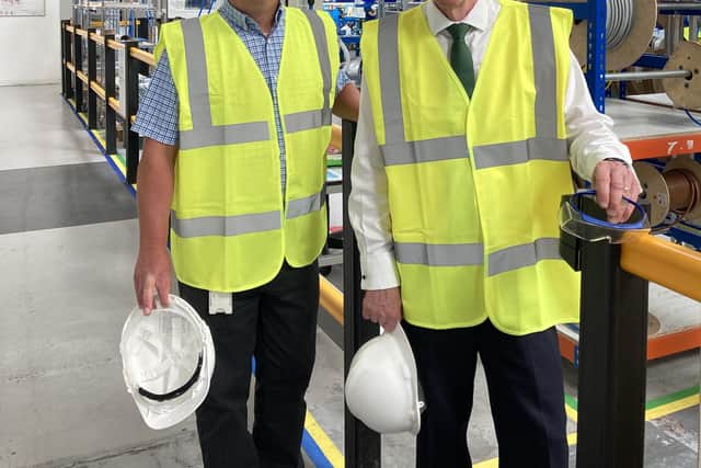 Nick Parry, Site Manager, Eaton (left) welcomes Nick Gibb MP to Eaton?s site in Bognor Regis