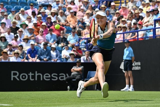 Britain's Harriet Dart returns China's Zhang Shuai during their women's singles round of 32 tennis match at the Rothesay Eastbourne International tennis tournament in Eastbourne, southern England, on June 26, 2023. (Photo by Glyn KIRK / AFP) (Photo by GLYN KIRK/AFP via Getty Images):Action from Monday's play at the Rothesay tennis international at Devonshire Park, Eastbourne