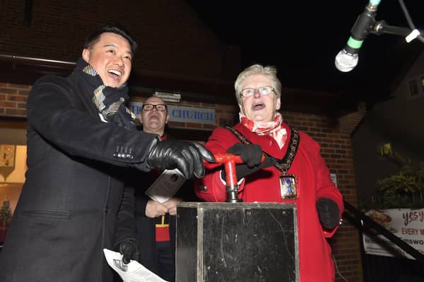 Emsworth Christmas lights were switched on in St Peter's Square on Friday, December 1, 2023. 

Pictured is: MP Alan Mak and the mayor of Havant Rosy Raines.

Picture: Sarah Standing