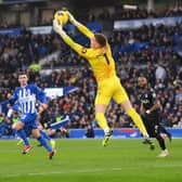 Bart Verbruggen makes a save from Jefferson Lerma during Brighton's 4-1 win over Crystal Palace (Photo by Mike Hewitt/Getty Images)