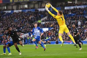 Bart Verbruggen makes a save from Jefferson Lerma during Brighton's 4-1 win over Crystal Palace (Photo by Mike Hewitt/Getty Images)