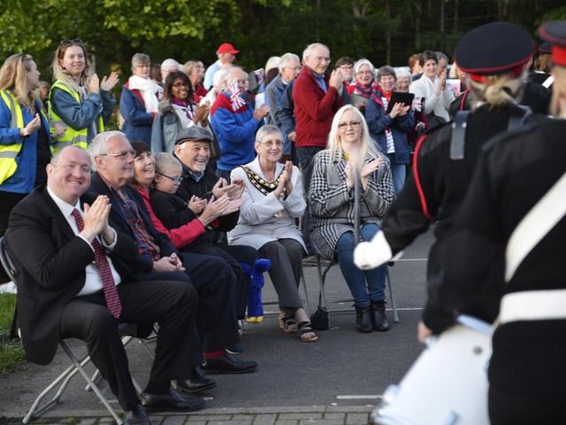 Crawley Mayor Jilly Hart lights the Beacon to celebrate the Queens Platinum Jubilee (Photo by Jon Rigby)