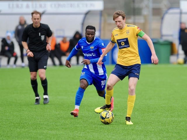 Action from Lancing FC's 1-0 home loss to East Grinstead Town in the Isthmian south east division