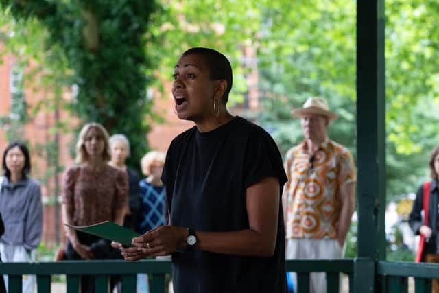 Helen Cammock, The Long Note, performance at Arnold Circus for Kate MacGarry, part of Performance Exchange London, 2021. Photo: Manuela Barczewski