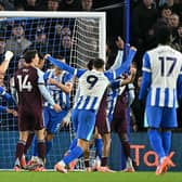 There was a lengthy delay after Jan Paul van Hecke put the ball in the back of the Aston Villa net, whilst VAR had a gook look. But the Brighton goal was eventually given. Photo: GLYN KIRK / Getty Images