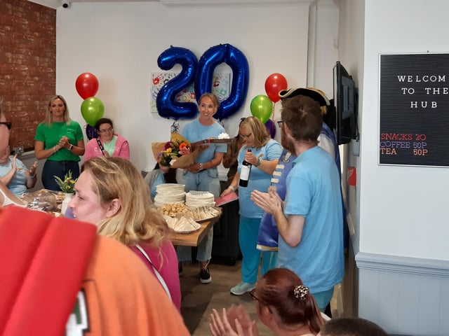 Frontline Associates Supported Tenancies celebrates the company's 20th anniversary and the first anniversary of the Frontline Hub, in Rowlands Road, Worthing, with a party for staff, service users and guests included Worthing town crier Bob Smytherman