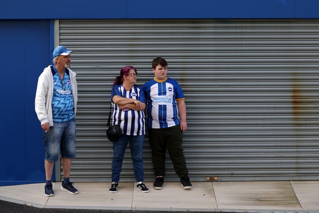 BRIGHTON, ENGLAND - OCTOBER 29: Brighton & Hove Albion fans arrive at the stadium prior to the Premier League match between Brighton & Hove Albion and Chelsea FC at American Express Community Stadium on October 29, 2022 in Brighton, England. (Photo by Alex Pantling/Getty Images)