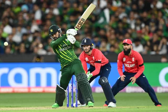 Shadab Khan bats during the ICC Men's T20 World Cup Final match between Pakistan and England last November (Photo by Quinn Rooney/Getty Images)