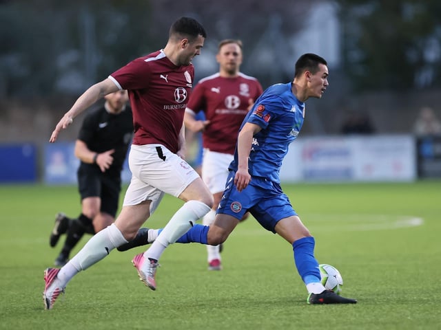 Action between Worthing and Hastings United in the Sussex Senior Cup semi-final at Lancing