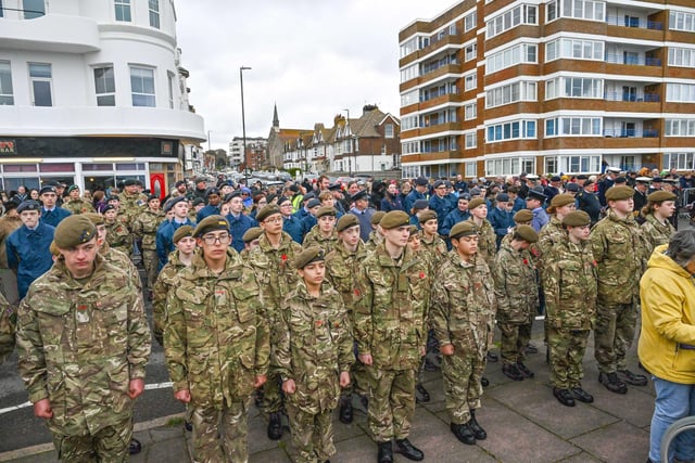 Bexhill, UK, 12 November 2023. Veterans, Youth Groups and Community members attend the Remembrance Day Service in Bexhill, East Sussex. Photo by Lee Floyd: https://www.leefloyd.co.uk/