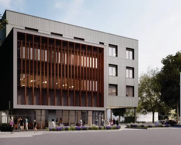 The proposed new Crawley College block as seen from the North West. Image: Bond Bryan