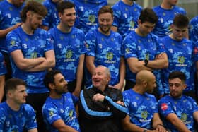 Head Coach Paul Farbrace shares a joke with some of his players during a Sussex CCC photocall at The 1st Central County Ground (Photo by Mike Hewitt/Getty Images)