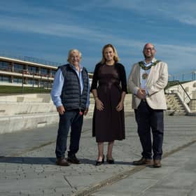 Cllr Doug Oliver, leader of Rother District Council, Abi Newbury FCA, Chair of Bexhill Neighbourhood Board, and Cllr Memish Huseyin, mayor of Bexhill. Photo by Simon Newbury