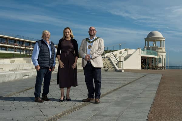 Photo shows (left to right): Cllr Doug Oliver, leader of Rother District Council, Abi Newbury FCA, Chair of Bexhill Neighbourhood Board, and Cllr Memish Huseyin, mayor of Bexhill. Photo by Simon Newbury