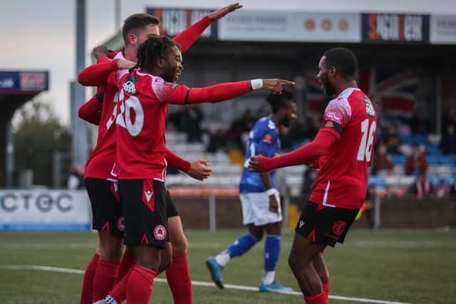 Eastbourne Borough celebrate Jake Hutchinson's excellent goal in Saturday's win over St Albans City. Picture by Andy Pelling