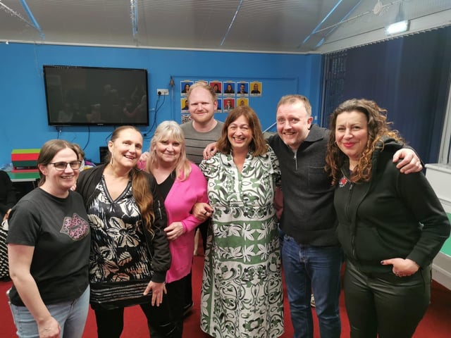 Comedians Chris McCausland and Jon Long with Sight Support Worthing volunteers and members at the charity's centre in Rowlands Road