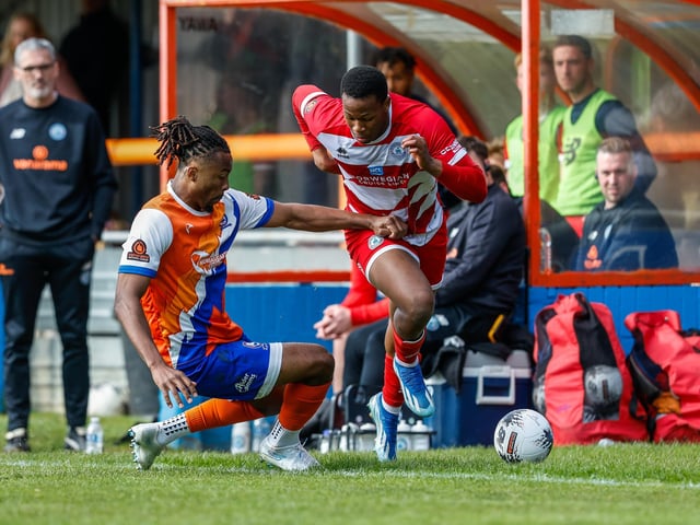 Action from Eastbourne Borough's final-day 3-2 win at Braintree - the Sports have stayed up with six points to spare