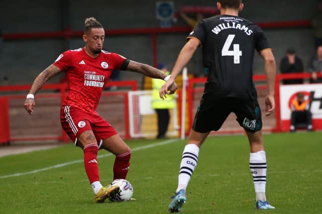 Crawley Town defender Kellan Gordon in action against Crewe. Picture: Natalie Mayhew/Butterfly Football