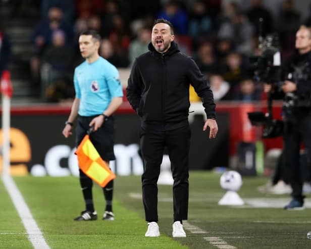Roberto De Zerbi, manager of Brighton & Hove Albion, cut a frustrated figure on the sideline as he watched his team draw at Brentford. (Photo by Steve Bardens/Getty Images)