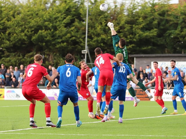 National League South action at Woodside Road between Worthing and Truro City