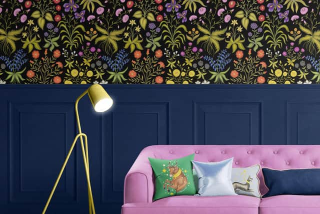 'Mur de Fleurs' wallpaper and Taurus velvet cushion. Catherine Rowe Designs LTD