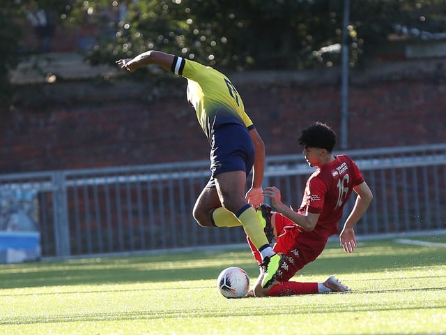 Action from Worthing's National League South clash at home to Farnborough at Woodside Road